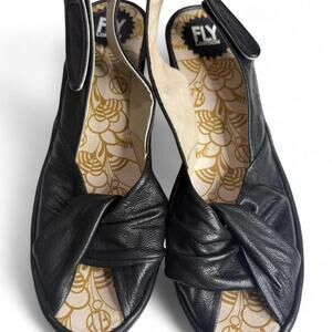 Fly London YAKIN knot peep toe Black Leather Wedge Sandals – Chunky Platform